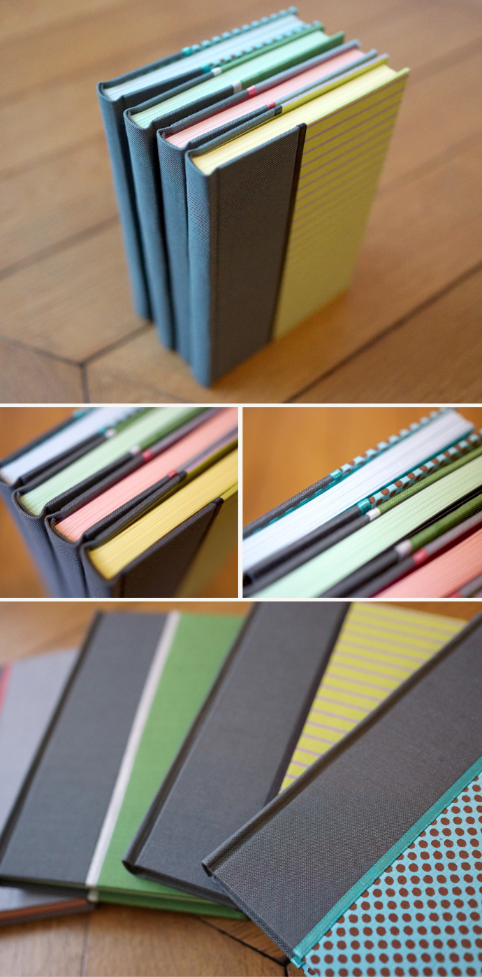 reliure de 4 carnets - format A6 - Feuilles de couleur - Pages à ligne - Dos carré-collé - Toile et papier