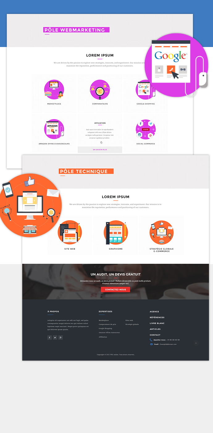 VNC online - Refonte site internet - Pages expertises WebMarketing et Technique - design et illustrations